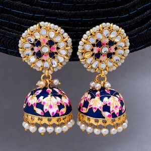 Gold-Toned, Navy Blue, And White Dome-Shaped Drop Earrings - Birthday Gifts Online