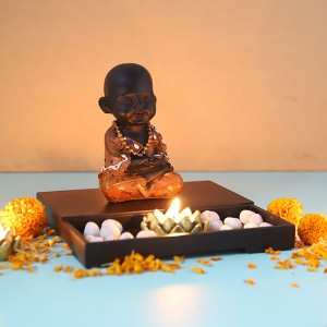 Cute Buddha Monk Sitting with T light holder and Pebbles - God Idols