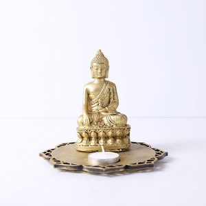 Golden Meditating Buddha with Designer Wooden Base and T light - God Idols