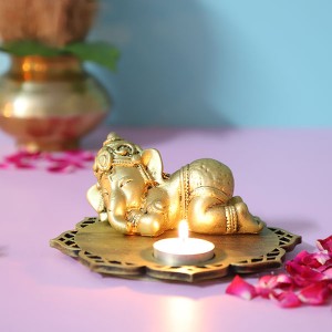 Sleeping Ganesha Idol With Decorative wooden Base and T light - Home Decor