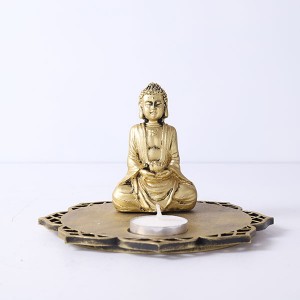 Meditating Buddha With Decorative Wooden Tray Base and T light - God Idols