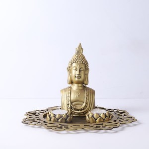 Buddha Head Idol With Decorative Wooden Tray and T light - Home Decor
