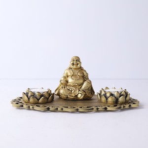 Laughing Buddha with Lotus Shape T light holders and Decorative Tray - God Idols